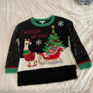 Holiday Llama Sweater with Christmas Tree Design